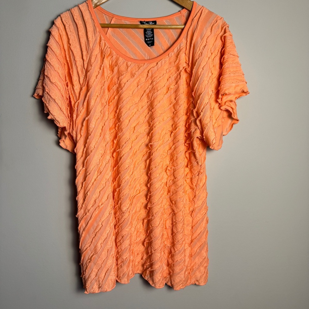 Brittany Black Woman Peach Textured Ruffle‎ Top Size 3X Short Sleeve Semi-Sheer